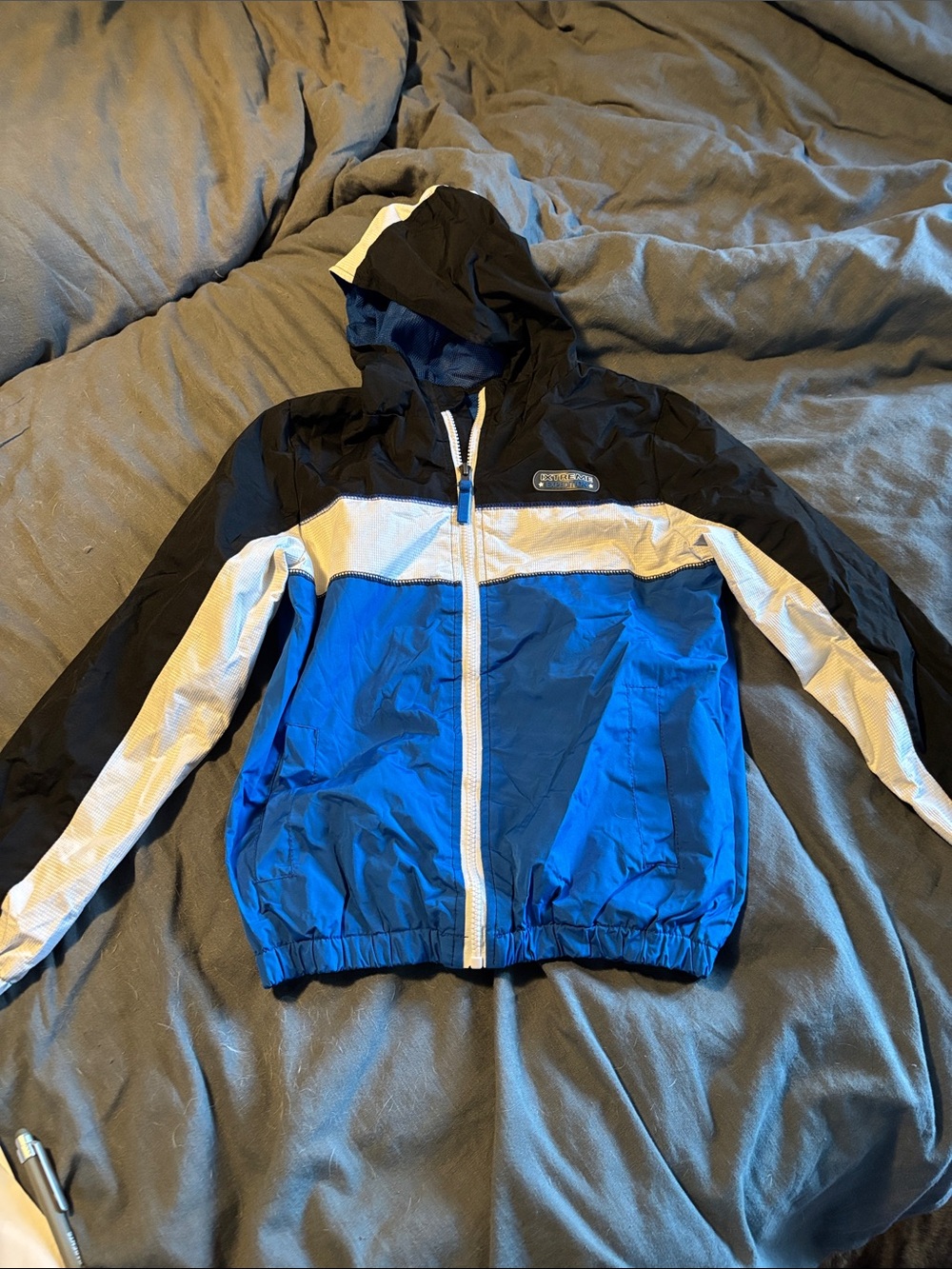 Kids Hooded Colorblock Rain Jacket in Blue, Black & White